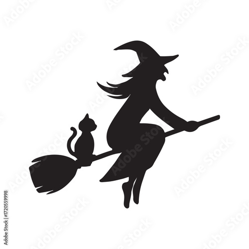 Mystical Silhouette of a Witch Flying on Broomstick with Black Cat for Halloween Celebrations and Spooky Season Decorations for Graphic Design and Party Invitations