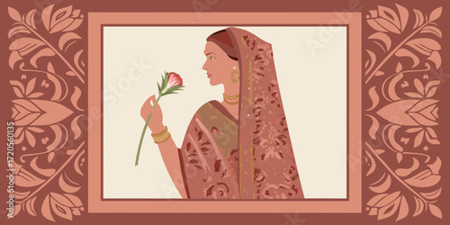 Elegant indian woman in traditional attire holding a delicate flower with decorative border