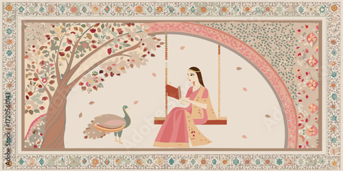 A woman in a sari reads a book while sitting on a swing under a tree with a peacock nearby