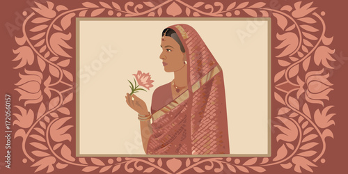 Elegant indian woman in traditional attire holding a delicate flower within an ornate floral border