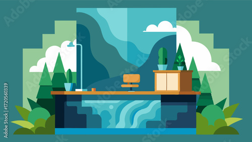 A natureinspired office space p next to a rushing waterfall incorporating elements of the surrounding environment into the design.. Vector illustration