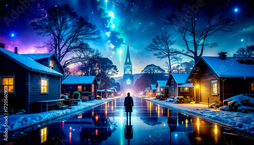 Man Walking Down Village Street on a Cold Winter Night as Aurora Borealis Shines in the Sky 104