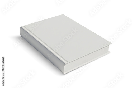 A single, closed hardcover book lying down, seen from an angled perspective. White book mock up blank cover template design, transparent background, 3d rendering