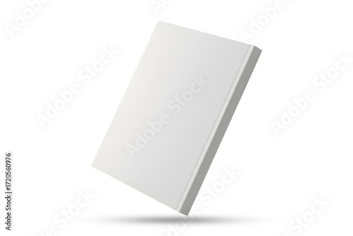 An angled, floating view of a closed white book's front cover. White book mock up blank cover template design, transparent background, 3d rendering