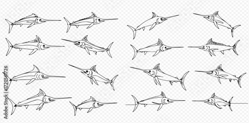 Hand-drawn sketch collection featuring various swordfish and marlin illustrations in different dynamic poses.