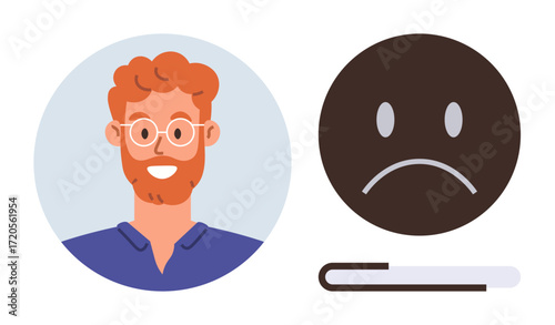 Smiling man portrait next to sad face with a progress bar below. Ideal for mood tracking, performance review, mental health, emotions, progress measurement, psychology concepts, simple flat metaphor