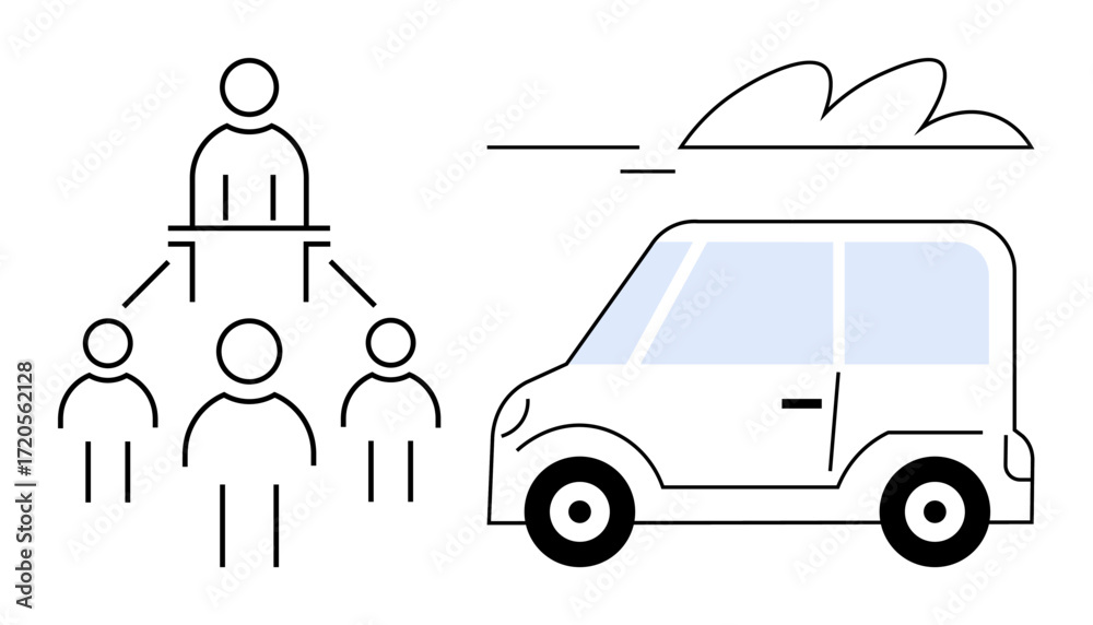 custom made wallpaper toronto digitalTeam hierarchy connecting individuals to a leader beside a compact car in motion. Ideal for teamwork, transport, mobility, organization, leadership, workflow, connectivity. Simple flat metaphor