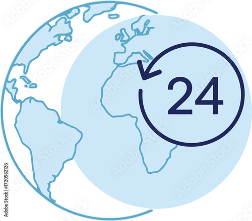 Global availability around the clock with 24 hour support, blue world map providing constant service and assistance, always on, always available