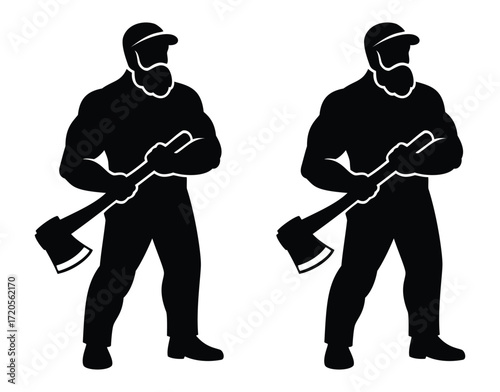 A muscular lumberjack silhouette with beard, holding an axe, perfect for a logo, t-shirt design, or branding for masculine products