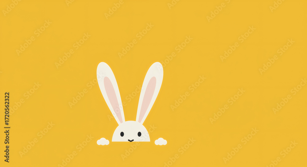 Fototapeta premium Adorable minimalist white rabbit illustration peeking shyly from the bottom on a vibrant yellow background, perfect for cheerful and cute designs