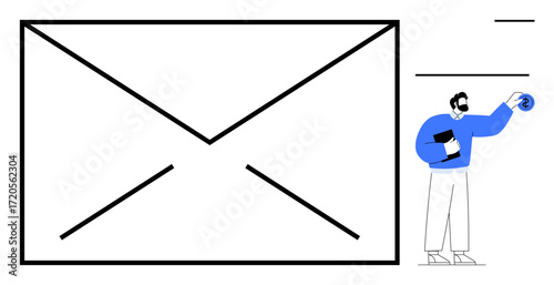 Large envelope representing communication next to person holding document and disk. Ideal for email, marketing, teamwork, message, information sharing, professionalism, digital tools. Minimal flat