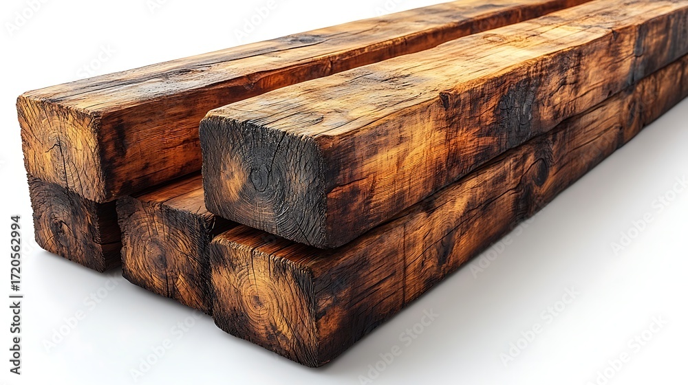 Fototapeta premium Stacked Reclaimed Wood Beams Showing Texture and Grain on a White Background