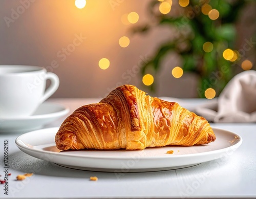 Golden Brown Croissant on White Plate with Warm Background