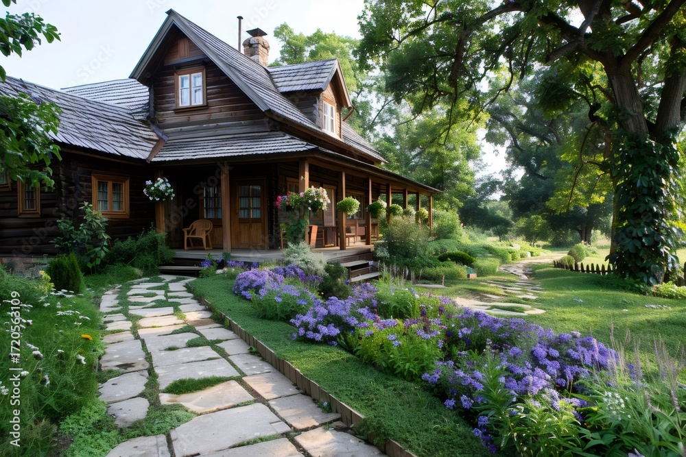 Fototapeta premium Charming wooden country house with blooming garden and pathway