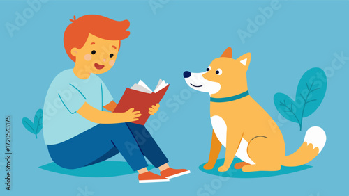 A child with ADHD engaging in a therapy session with a therapy dog learning how to regulate their attention and impulses through structured activities with the furry companion.. Vector illustration