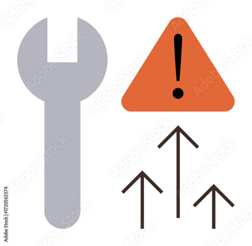 Wrench beside orange warning triangle and three upward arrows symbolizes system repair, improvement, and caution. Ideal for maintenance, troubleshooting, safety, alerts, upgrades, growth simple flat