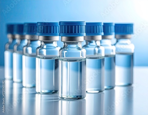 Glass Vials with Blue Caps on a Reflective Surface