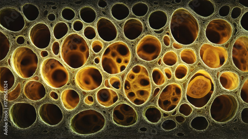 Natto texture closeup showing unique fermented soybean structure with porous surface and organic pattern in golden yellow color