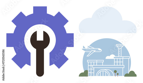 Gear with wrench as engineering tool near airport with airplane and control tower under cloudy sky. Ideal for aviation, maintenance, engineering, transportation, infrastructure, logistics, services