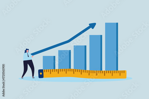 Business person measuring and guiding an upward trending bar graph with an arrow indicating growth and success