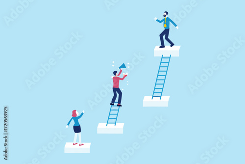 Business people climbing ladders on platforms representing career growth and success