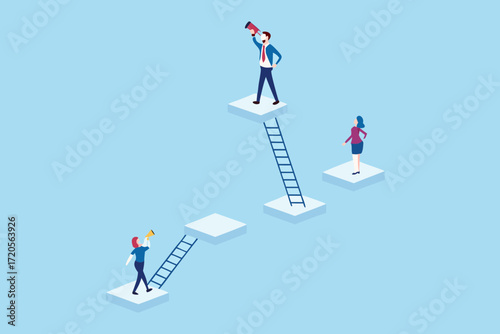 Business people climbing ladders to reach higher platforms and achieve success