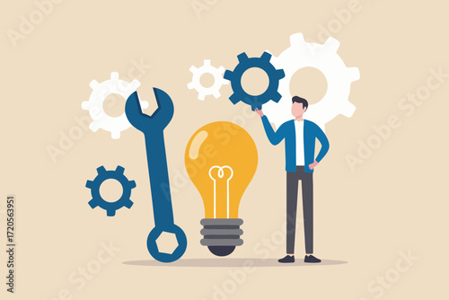 Man with light bulb and tools representing innovation and problem solving in business