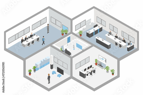 Isometric view of a modern office space with meeting rooms and workstations