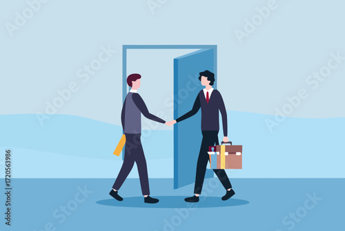 Two businessmen in suits shaking hands and making a deal in front of an open doorway