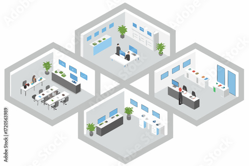 Isometric view of a modern office space with multiple rooms and employees working on computers
