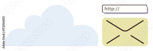 Cloud icon with URL address bar and envelope. Ideal for email, cloud storage, internet communication, web services, data sharing, networking, and digital messaging. Simple flat metaphor