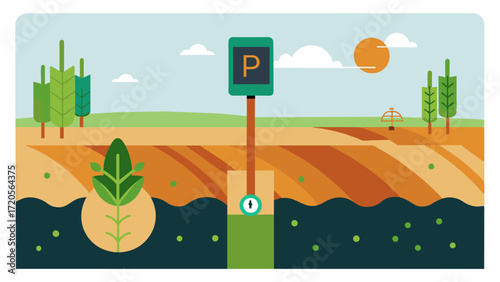 A soil compaction sensor p in a crops root zone detecting changes in soil density and alerting farmers to potential nutrient deficiencies.. Vector illustration