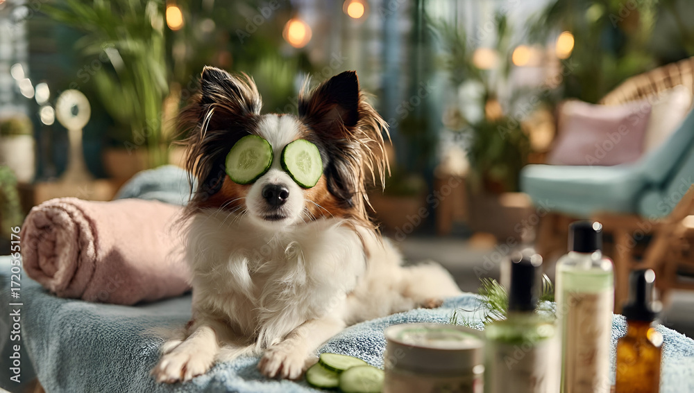 Obraz premium A pampered dog enjoys spa treatment with cucumber slices over its eyes and luxury products.