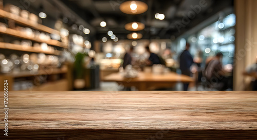 Wallpaper Mural A cozy cafe interior with blurred background, showcasing wooden table surfaces. Torontodigital.ca