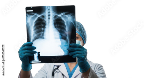 Doctor examining a chest x ray film showing lungs and rib cage isolated on transparent background