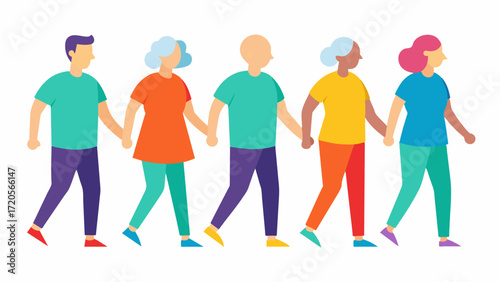 A group of people walking hand in hand each wearing a shirt with a different color representing a different stage of Alzheimers.. Vector illustration