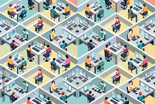Isometric view of a busy open plan office with diverse people working at computers in cubicles