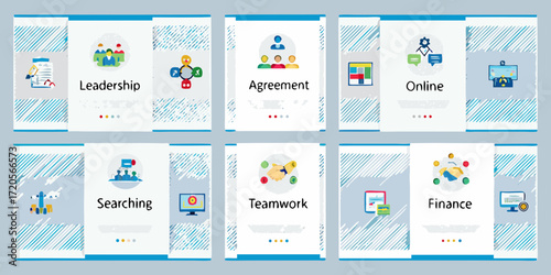Business concepts illustrated with icons and text including leadership teamwork agreement online searching and finance