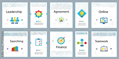 Collection of business concept cards with icons for leadership agreement finance teamwork searching online and more