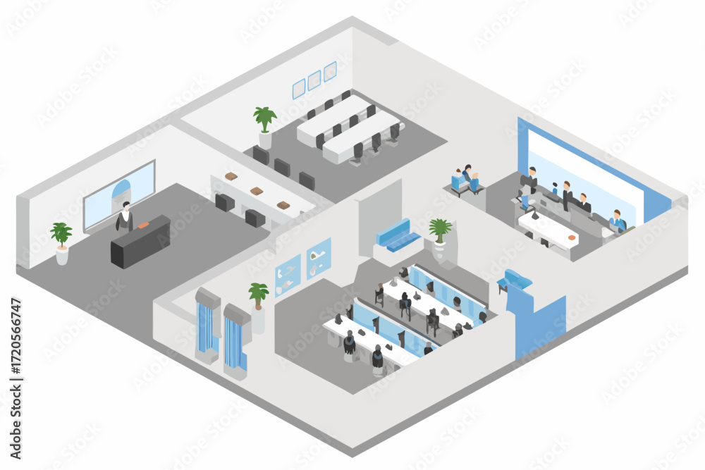 Isometric view of a modern office space with meeting rooms and workstations