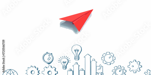 Red paper airplane soaring above a conceptual illustration of business growth and innovation with gears and lightbulbs