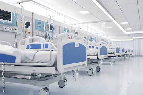 Sterile Hospital Ward Interior Featuring Rows of Modern Beds, Medical Equipment, and Monitors