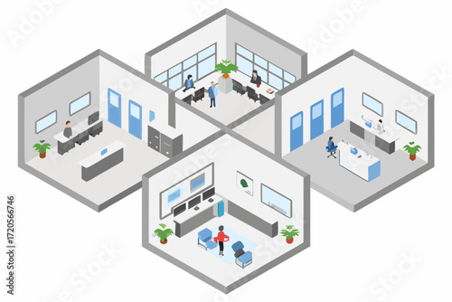 Isometric view of a modern office space with multiple rooms and employees working