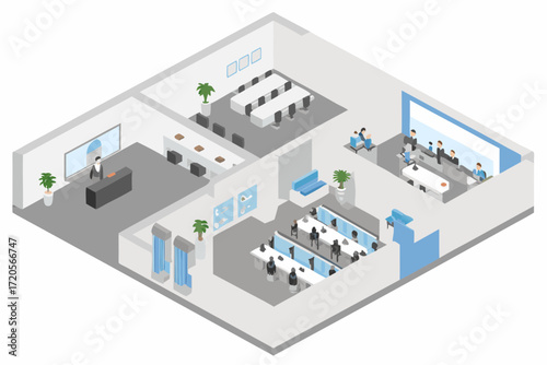 Isometric view of a modern office space with meeting rooms and workstations