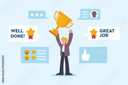 Person holding a golden trophy celebrating success with positive feedback and ratings displayed around them