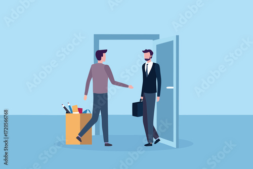 Two businessmen meeting at an open doorway with a box of office supplies nearby