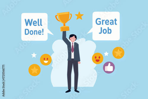 Man in suit holding golden trophy with well done and great job speech bubbles and emoticons