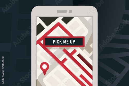 Smartphone displaying a map with a red route and a pick me up notification