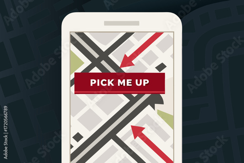 Smartphone displaying a map with a red pick me up banner and directional arrows indicating a route