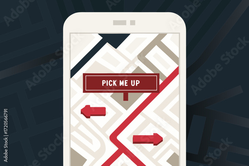 Smartphone displaying a map with a pick me up notification and directional arrows